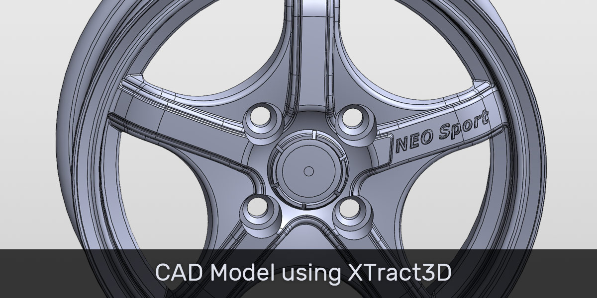 CAD Model of automotive alloy wheel using Xtract3D plugin and SOLIDWORKS